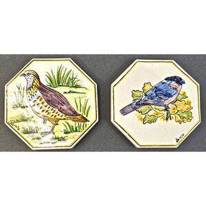 1996 Hand-Painted Ceramic Bird Set Of 2 Octagonal Cork Back Signed Art 6x6